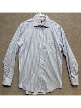 THOMAS PINK Men's Shirt Traveller 100% Cotton Long Sleeve Blue White Stripe GUC
